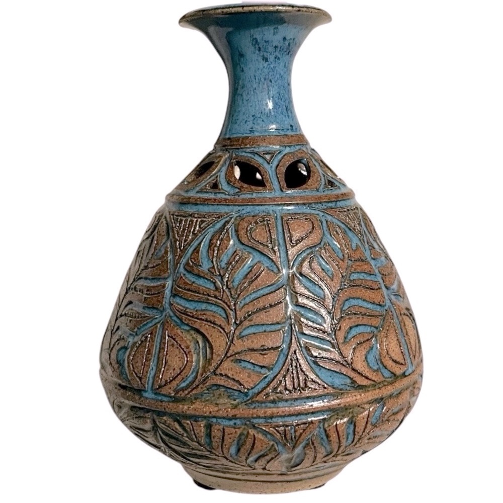 Artisan pottery vase Blue/Brown Leaf Pattern American potter Susan Brown Freeman